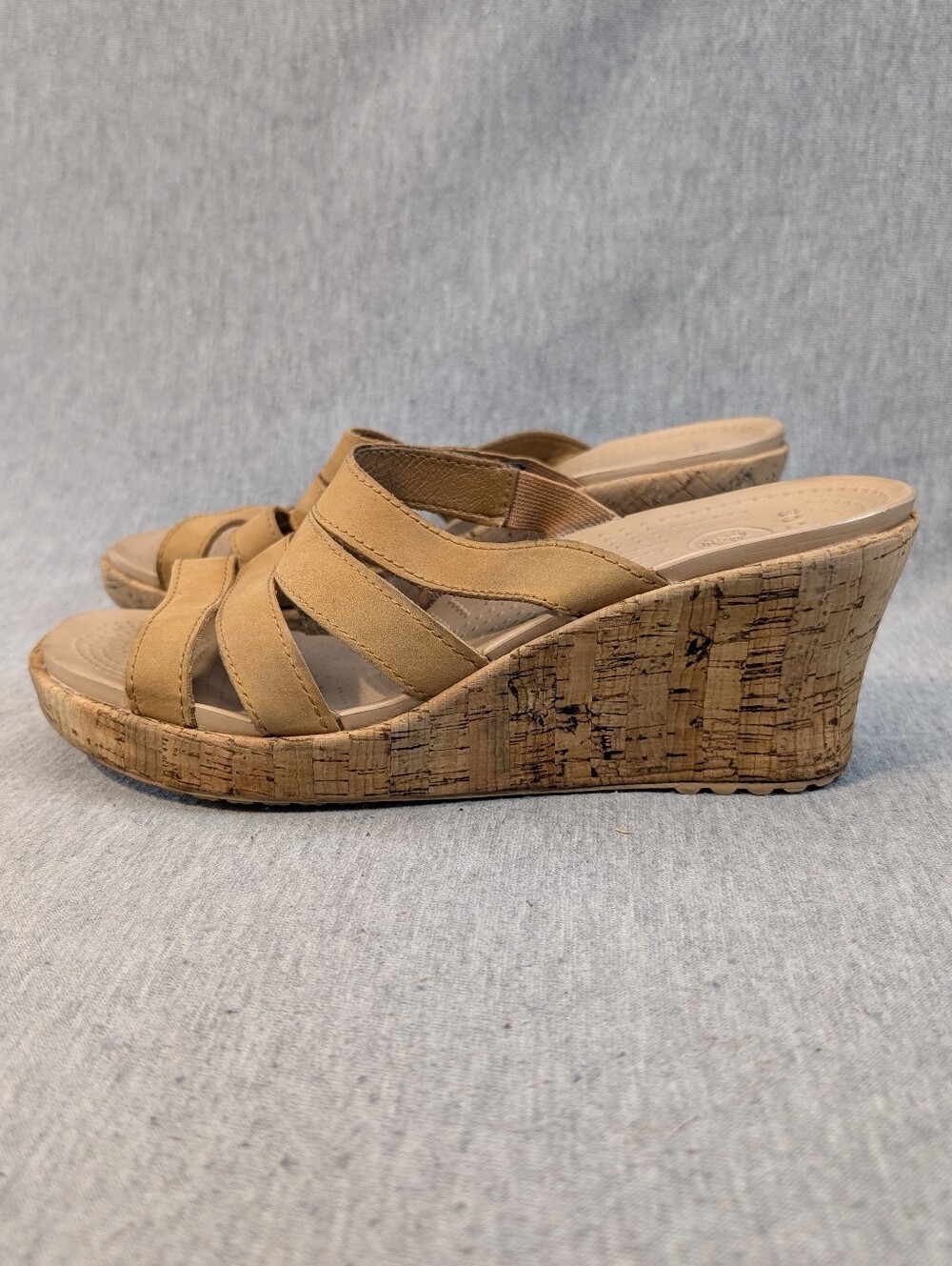 Crocs A-Leigh Leather Cork Wedge Sandals Women's 8 Tan